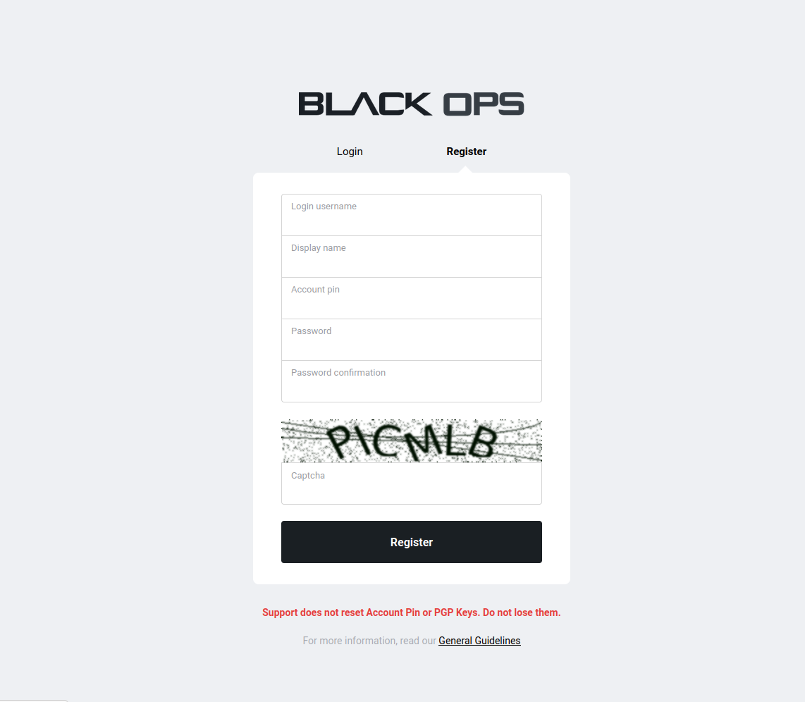 BlackOps Market Registration Form Account Creation